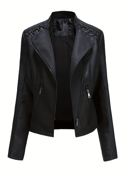 Giacca biker da donna, giacca corta effetto pelle con zip asimmetrica, revers e lacci con occhielli sulle spalle, 4 colo