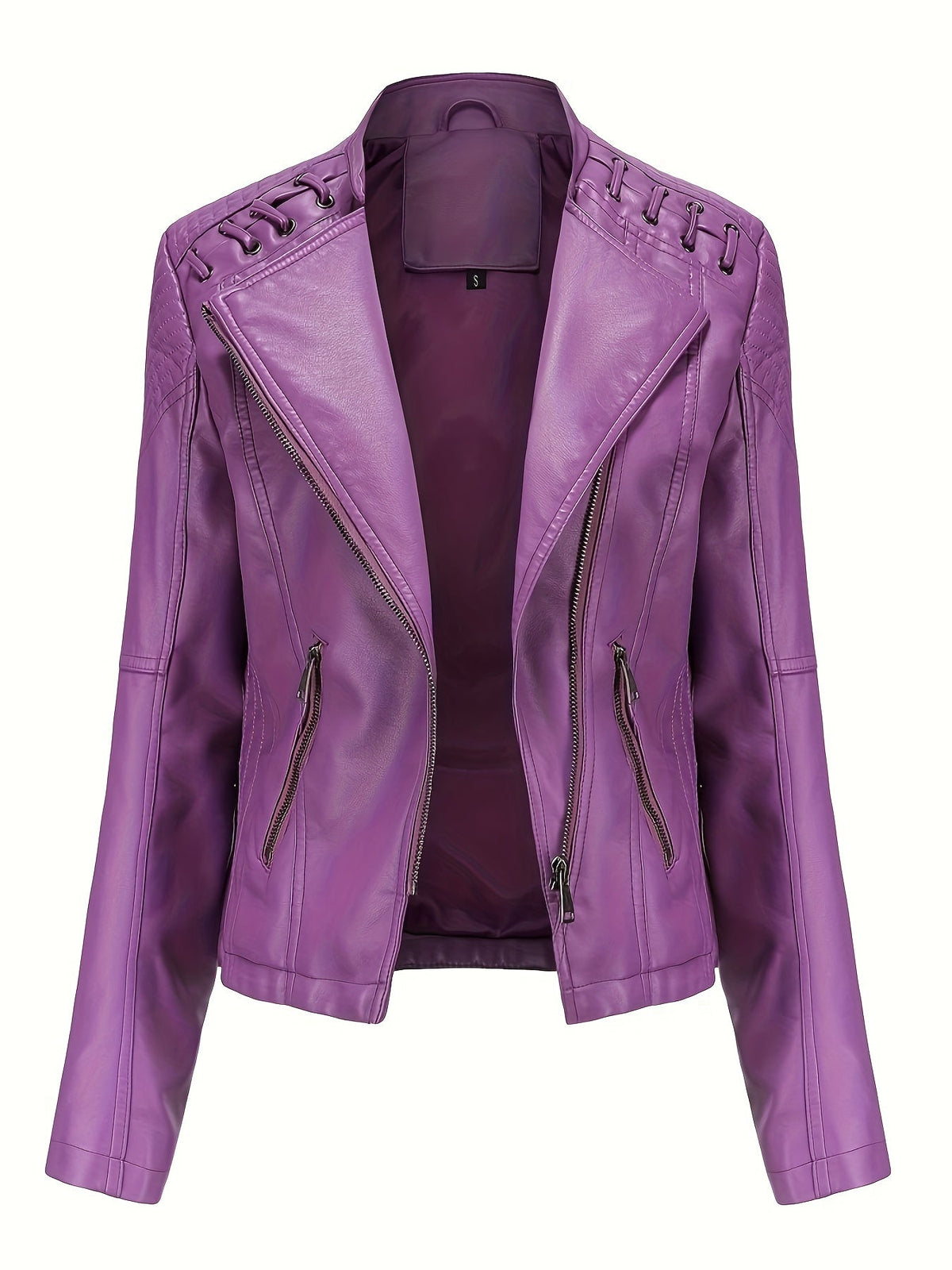 Giacca biker da donna, giacca corta effetto pelle con zip asimmetrica, revers e lacci con occhielli sulle spalle, 4 colo