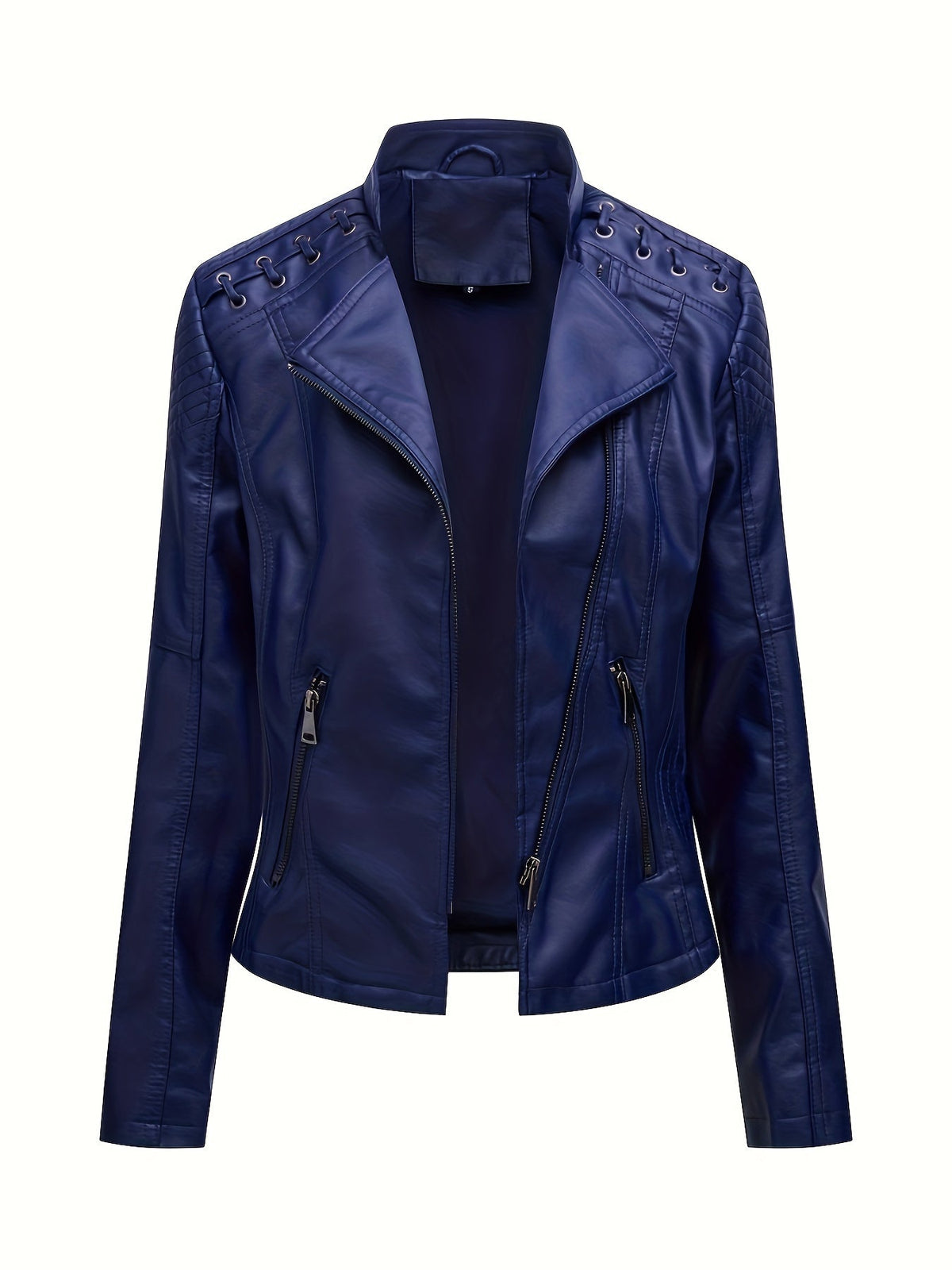 Giacca biker da donna, giacca corta effetto pelle con zip asimmetrica, revers e lacci con occhielli sulle spalle, 4 colo
