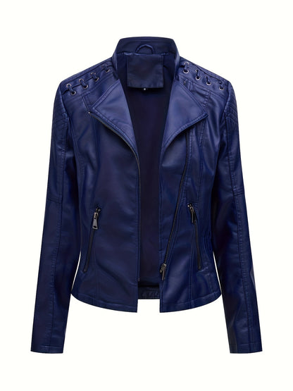 Giacca biker da donna, giacca corta effetto pelle con zip asimmetrica, revers e lacci con occhielli sulle spalle, 4 colo