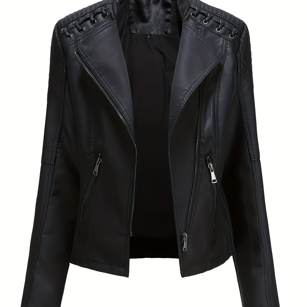 Giacca biker da donna, giacca corta effetto pelle con zip asimmetrica, revers e lacci con occhielli sulle spalle, 4 colo
