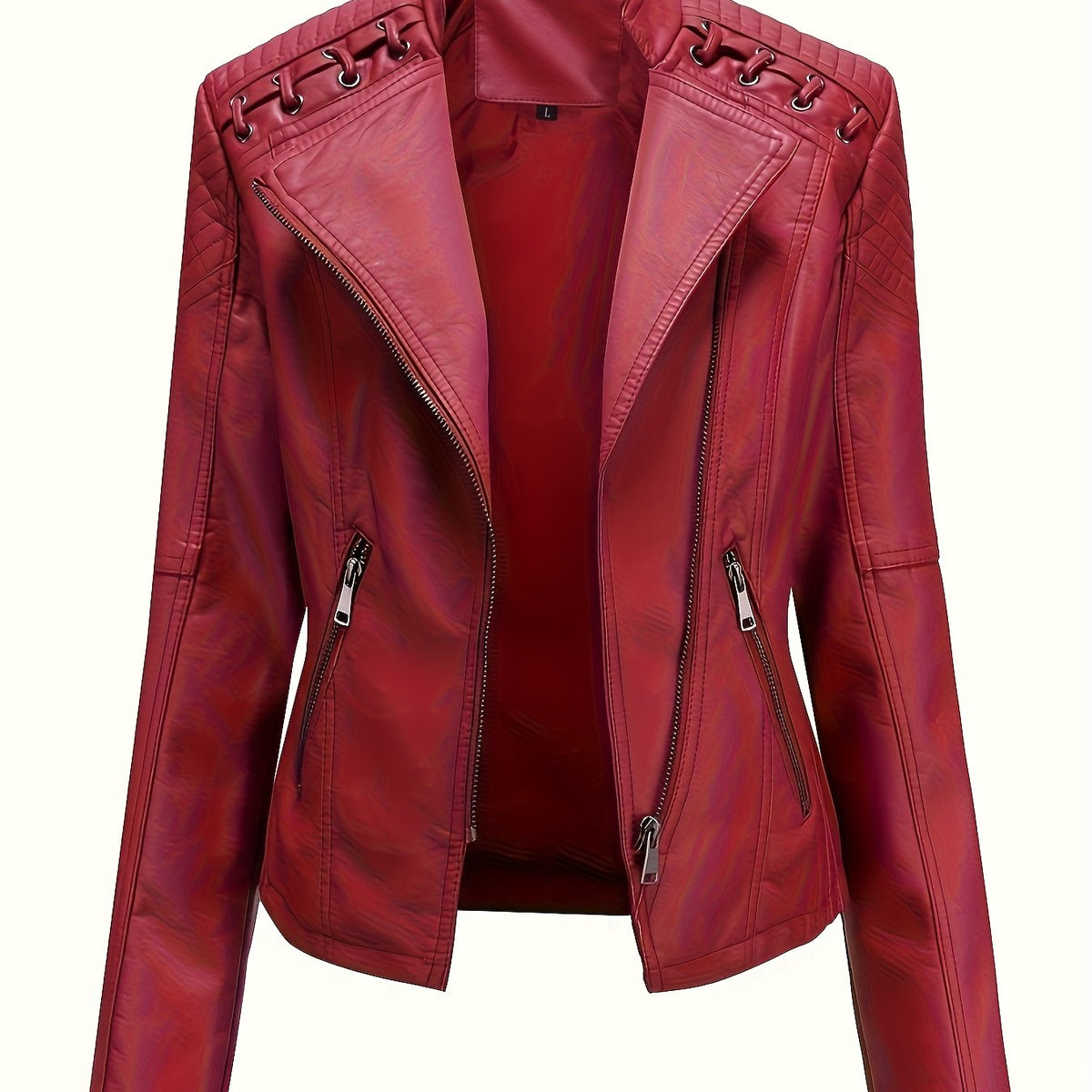 Giacca biker da donna, giacca corta effetto pelle con zip asimmetrica, revers e lacci con occhielli sulle spalle, 4 colo
