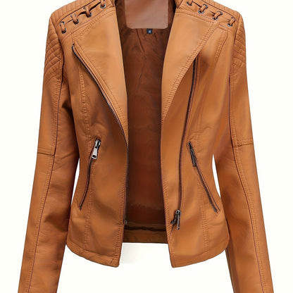 Giacca biker da donna, giacca corta effetto pelle con zip asimmetrica, revers e lacci con occhielli sulle spalle, 4 colo