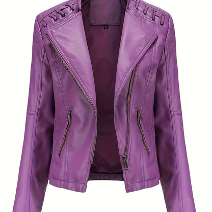 Giacca biker da donna, giacca corta effetto pelle con zip asimmetrica, revers e lacci con occhielli sulle spalle, 4 colo
