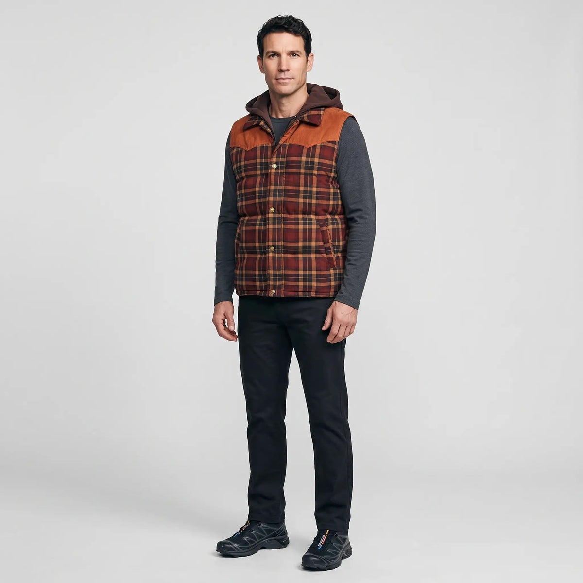 Gilet da uomo imbottito con cappuccio a quadri tartan
