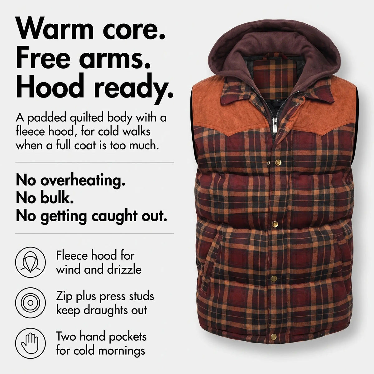 Gilet da uomo imbottito con cappuccio a quadri tartan