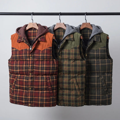 Gilet da uomo imbottito con cappuccio a quadri tartan