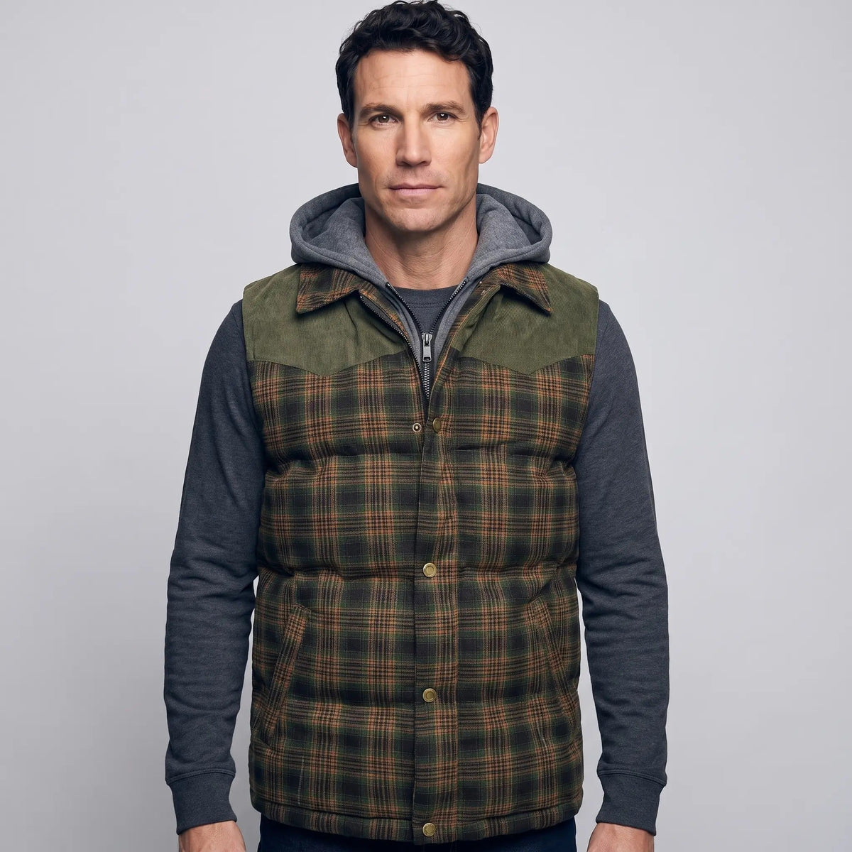 Gilet da uomo imbottito con cappuccio a quadri tartan