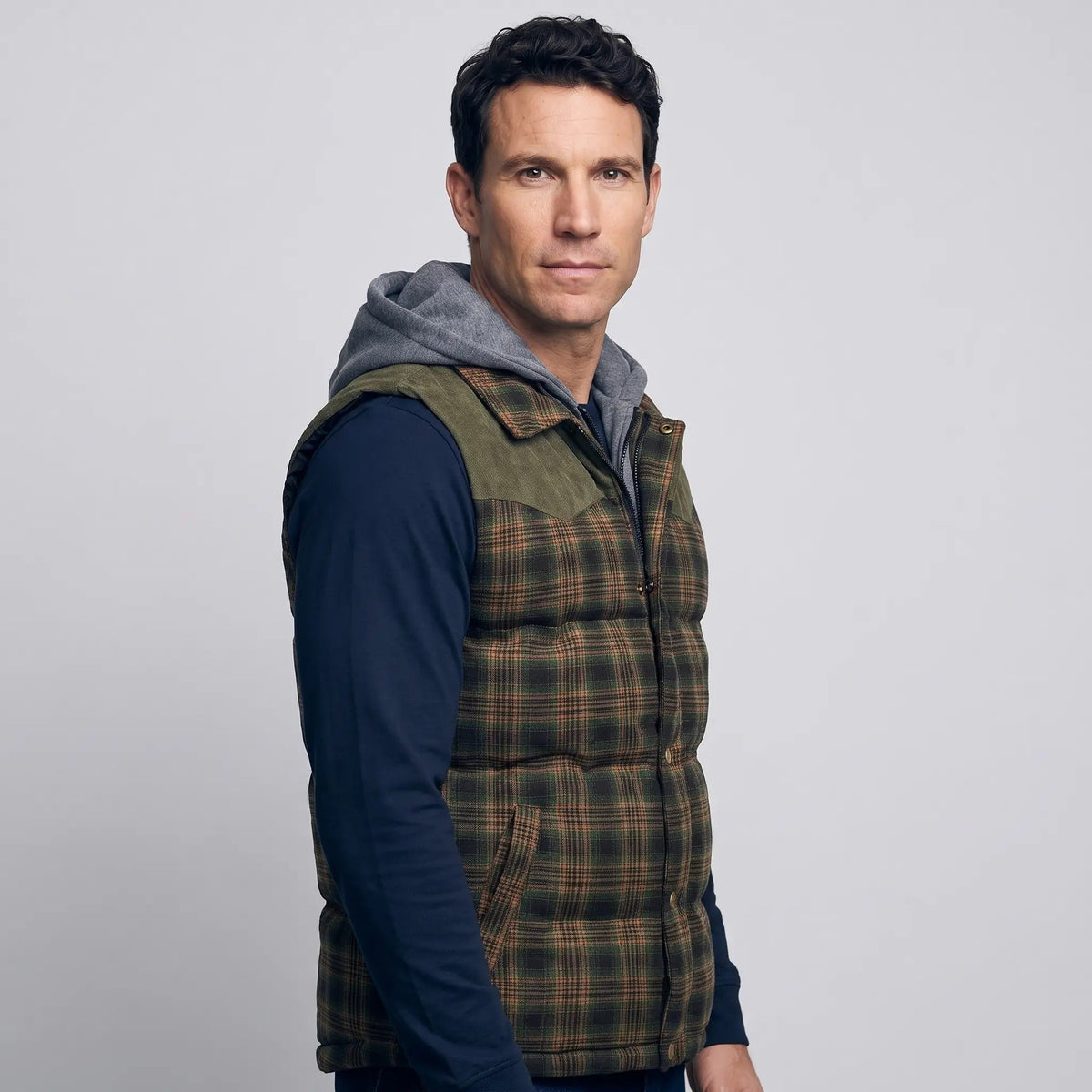 Gilet da uomo imbottito con cappuccio a quadri tartan