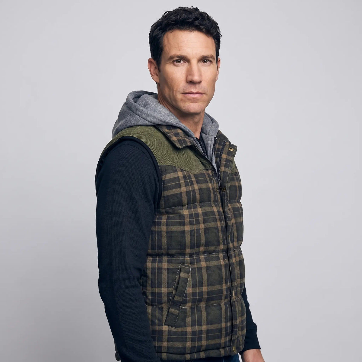 Gilet da uomo imbottito con cappuccio a quadri tartan