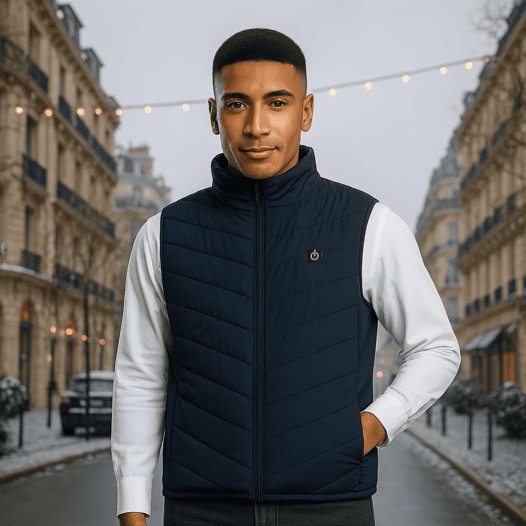 Gilet riscaldato unisex con 3 livelli di calore su schiena, addome e collo, alimentato da power bank USB, poliestere con