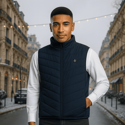 Gilet riscaldato unisex con 3 livelli di calore su schiena, addome e collo, alimentato da power bank USB, poliestere con