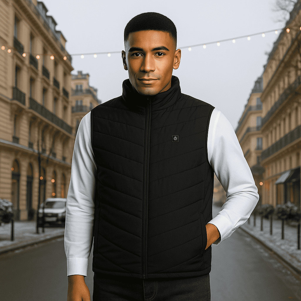 Gilet riscaldato unisex con 3 livelli di calore su schiena, addome e collo, alimentato da power bank USB, poliestere con