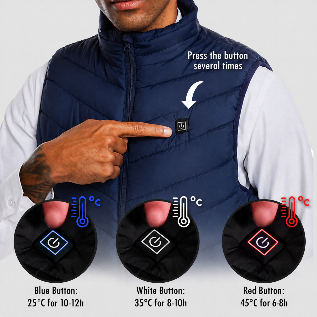 Gilet riscaldato unisex con 3 livelli di calore su schiena, addome e collo, alimentato da power bank USB, poliestere con