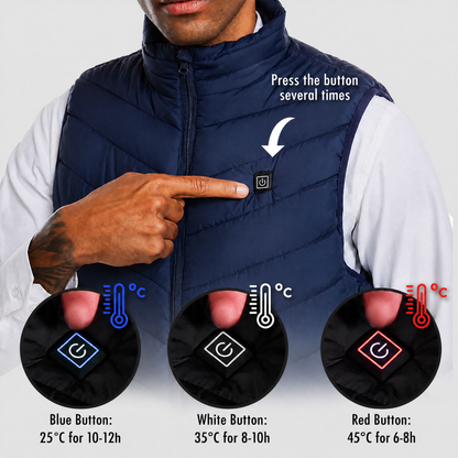 Gilet riscaldato unisex con 3 livelli di calore su schiena, addome e collo, alimentato da power bank USB, poliestere con