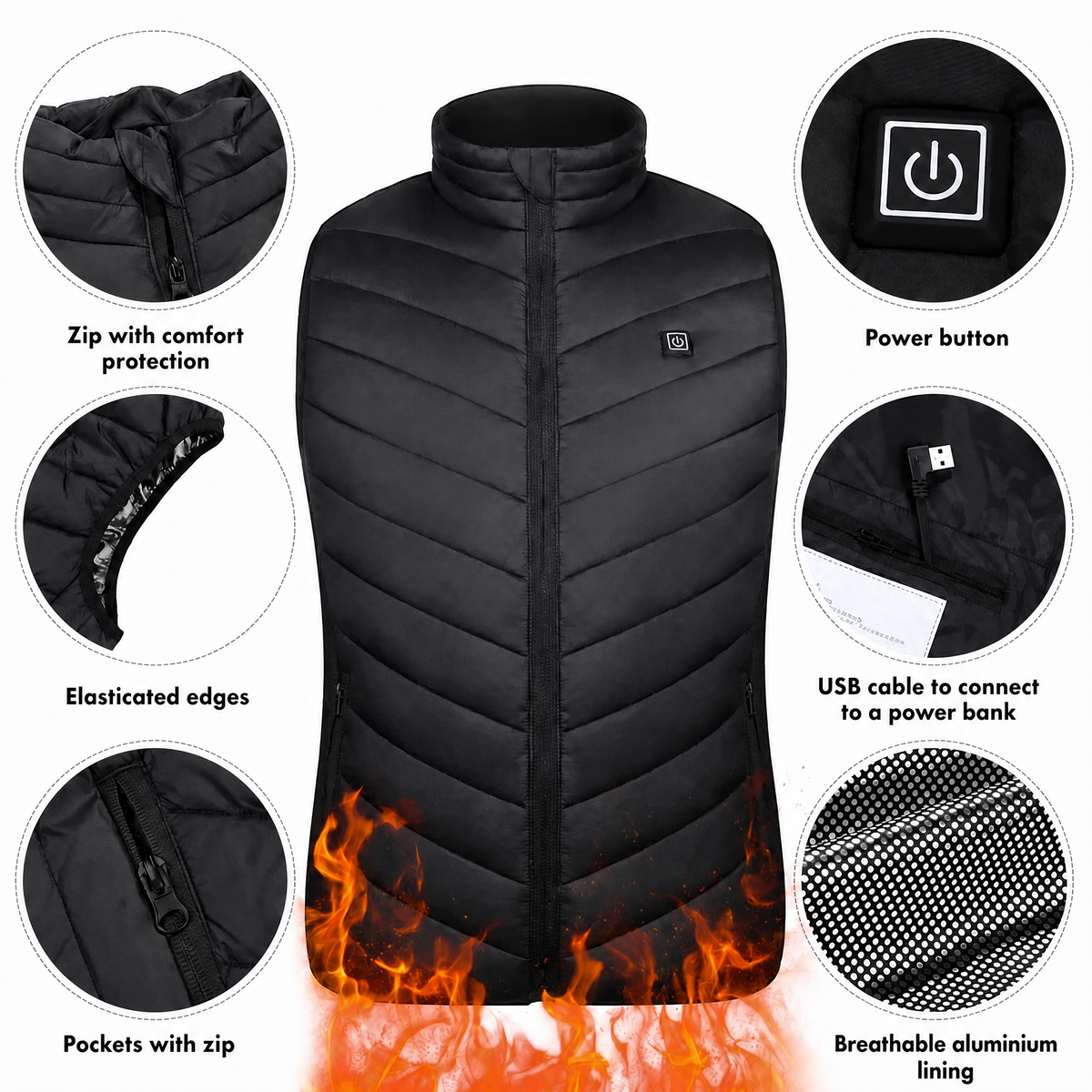 Gilet riscaldato unisex con 3 livelli di calore su schiena, addome e collo, alimentato da power bank USB, poliestere con