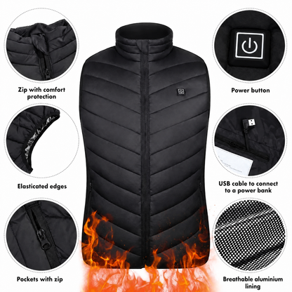 Gilet riscaldato unisex con 3 livelli di calore su schiena, addome e collo, alimentato da power bank USB, poliestere con