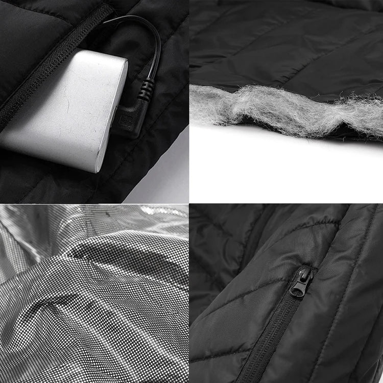Gilet riscaldato unisex con 3 livelli di calore su schiena, addome e collo, alimentato da power bank USB, poliestere con