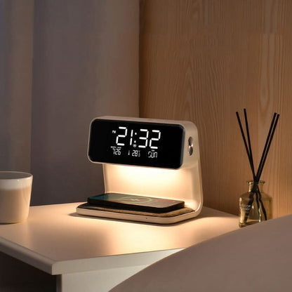 Lampada da comodino con caricatore wireless e sveglia | LED dimmerabile a 3 livelli, ricarica rapida Qi | Display LCD, s