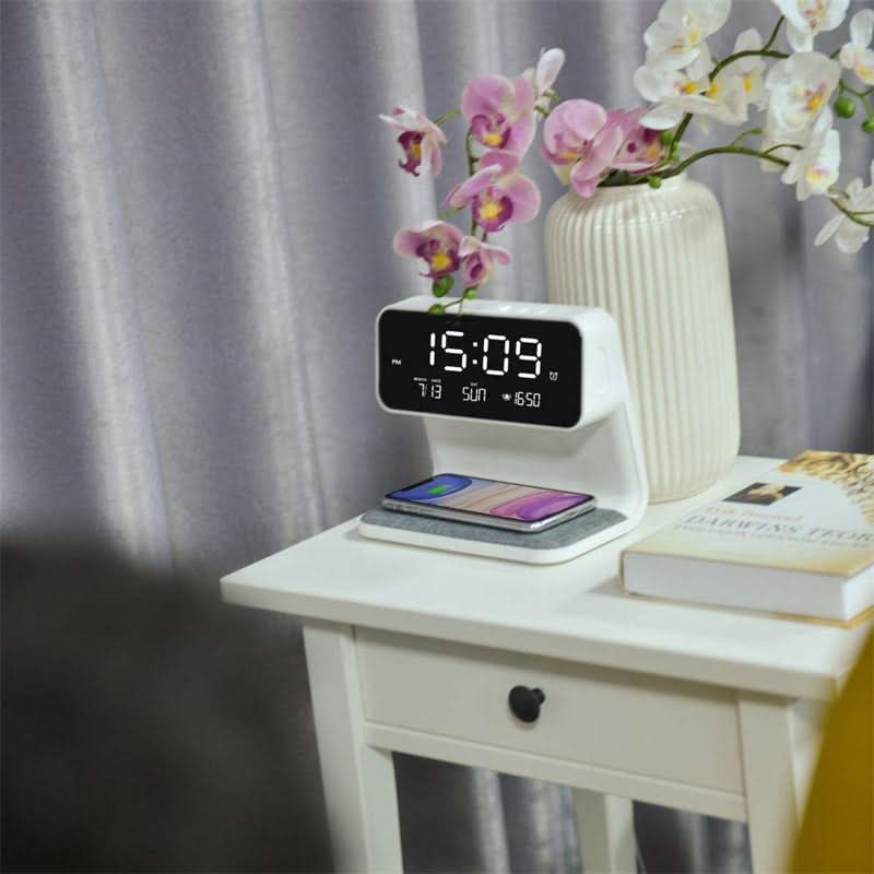 Lampada da comodino con caricatore wireless e sveglia | LED dimmerabile a 3 livelli, ricarica rapida Qi | Display LCD, s