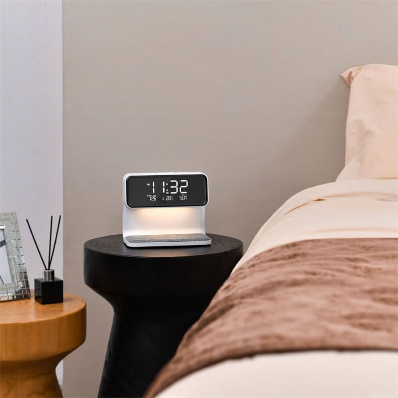 Lampada da comodino con caricatore wireless e sveglia | LED dimmerabile a 3 livelli, ricarica rapida Qi | Display LCD, s
