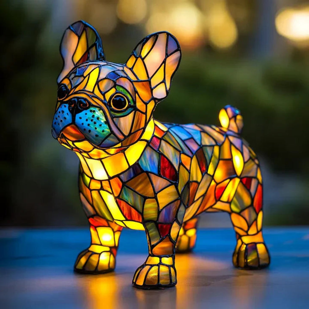 Lampada da tavolo cane stile Tiffany | Design bulldog francese in vetro colorato