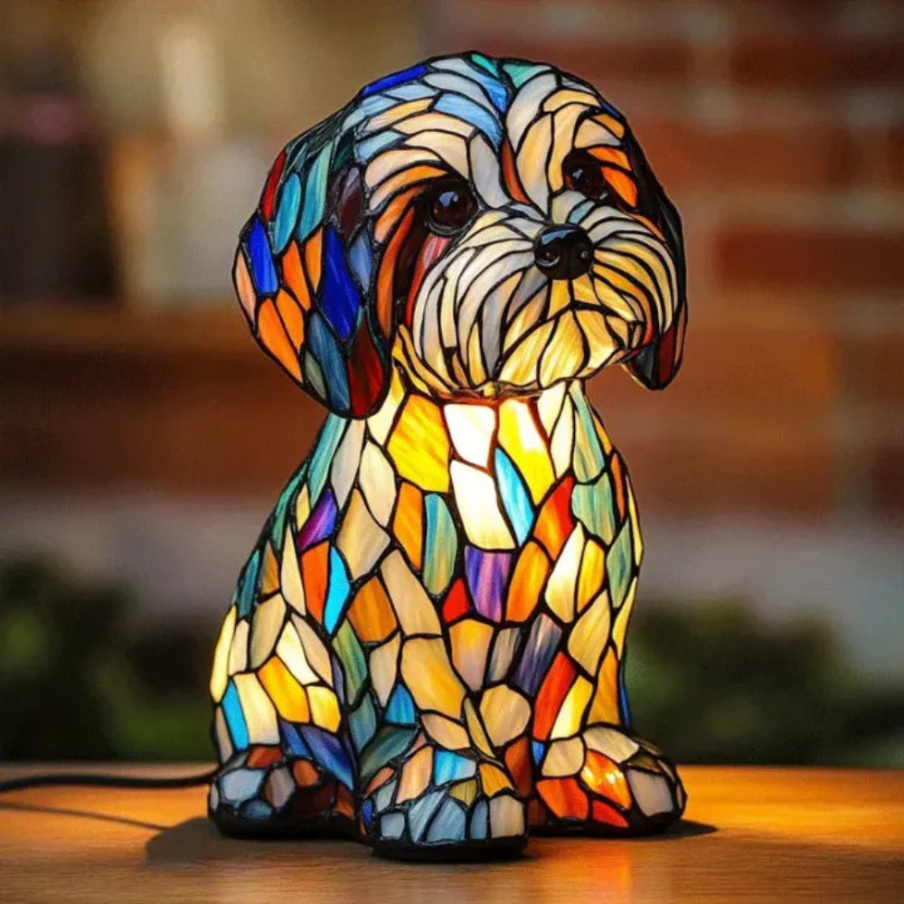 Lampada da tavolo cane stile Tiffany | Design bulldog francese in vetro colorato