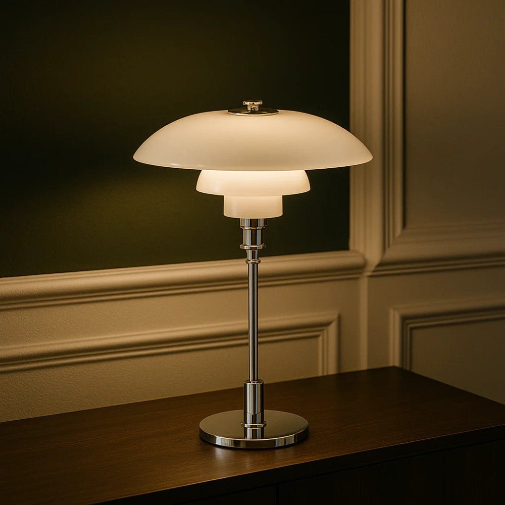 Lampada da tavolo nordica in vetro con luce calda ambientale