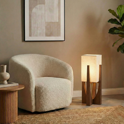 Lampada da terra Wabi Sabi con paralume in tessuto e base in legno per soggiorno