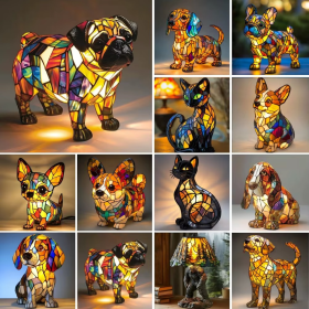 Lampada notturna cane vetro colorato, resina dipinta a mano, USB, 17 cm