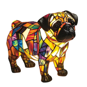 Lampada notturna cane vetro colorato, resina dipinta a mano, USB, 17 cm