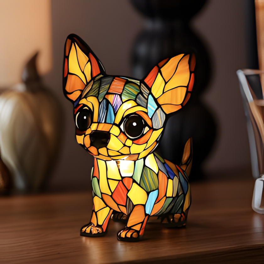 Lampada notturna cane vetro colorato, resina dipinta a mano, USB, 17 cm