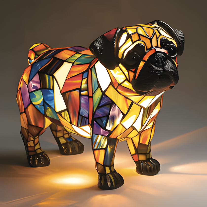 Lampada notturna cane vetro colorato, resina dipinta a mano, USB, 17 cm