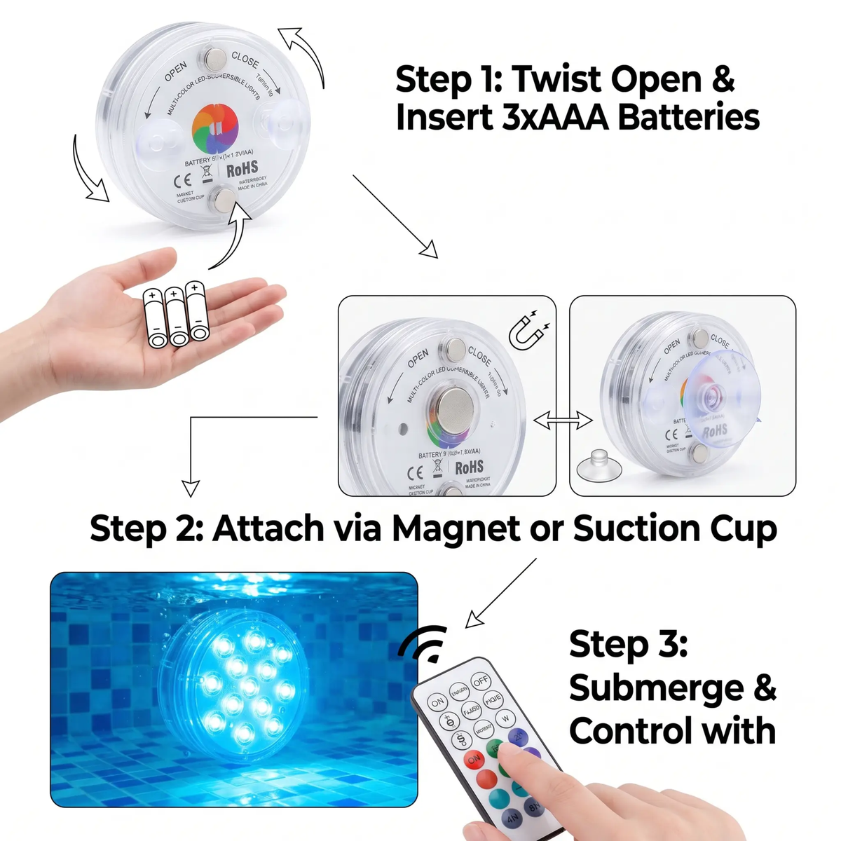 Luce LED Subacquea Impermeabile con Telecomando e Ventosa Magnetica