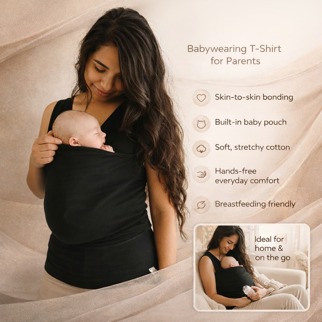 Maglietta babywearing con marsupio integrato in cotone elasticizzato, lavabile in lavatrice