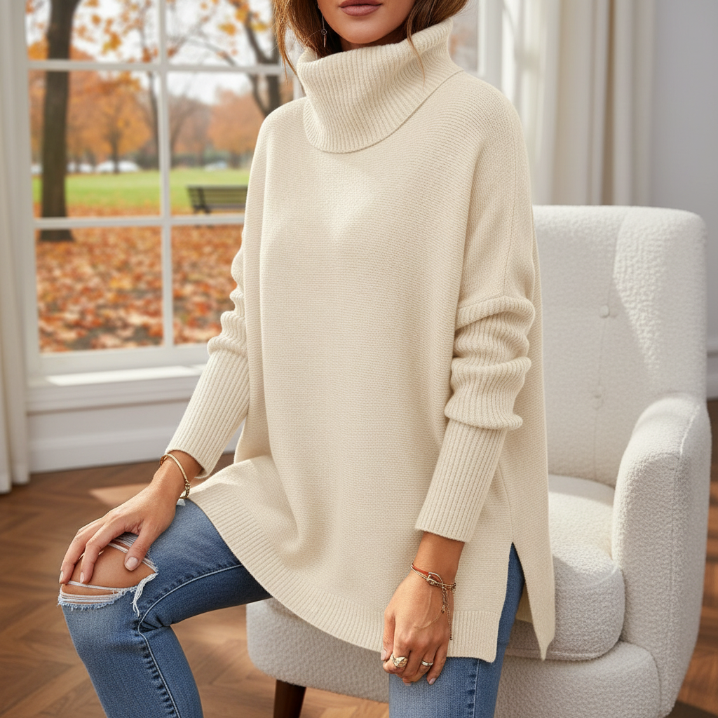Maglione a collo alto da donna, maglia oversize con maniche a coste e spacchi laterali, 9 colori, taglie dalla S alla 2X
