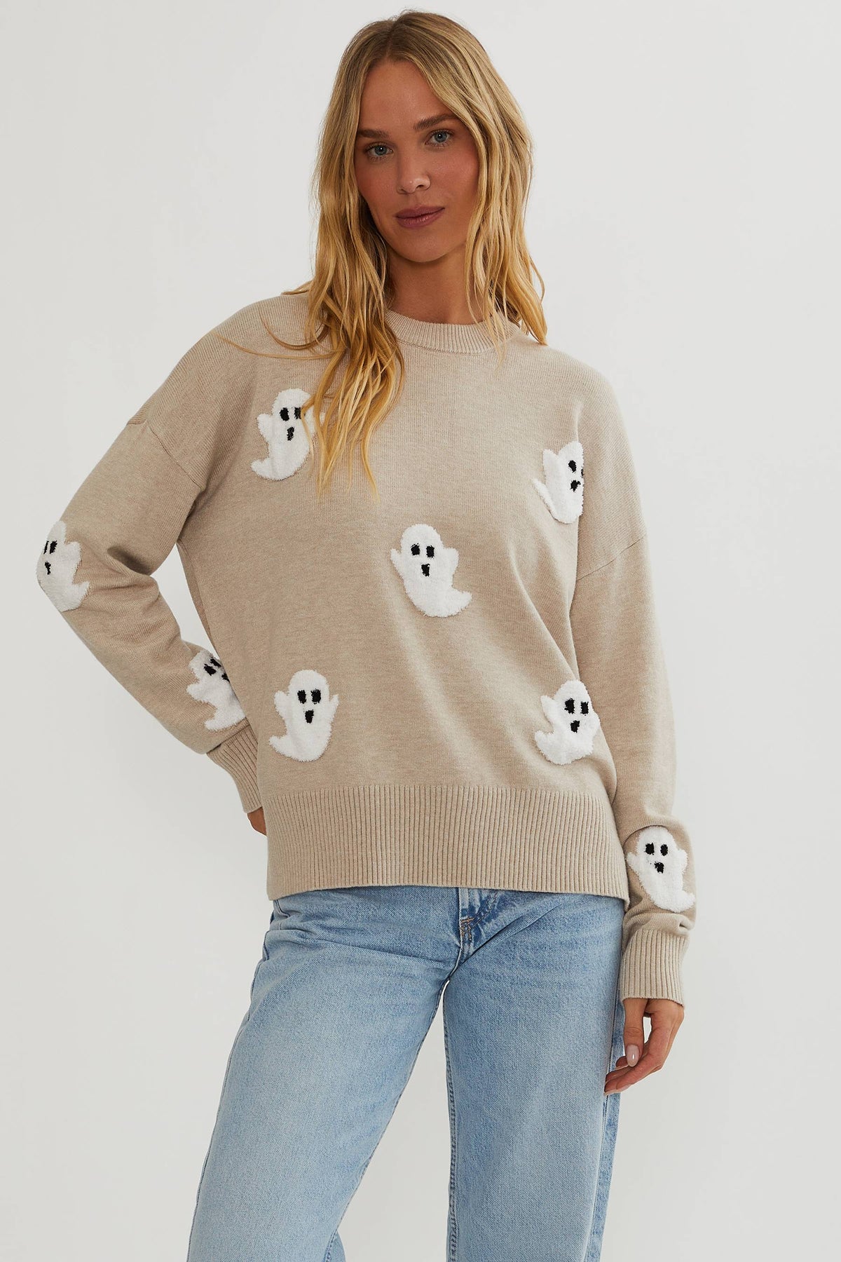 Maglione da donna in maglia con applicazioni fantasma – Maglione a maniche lunghe