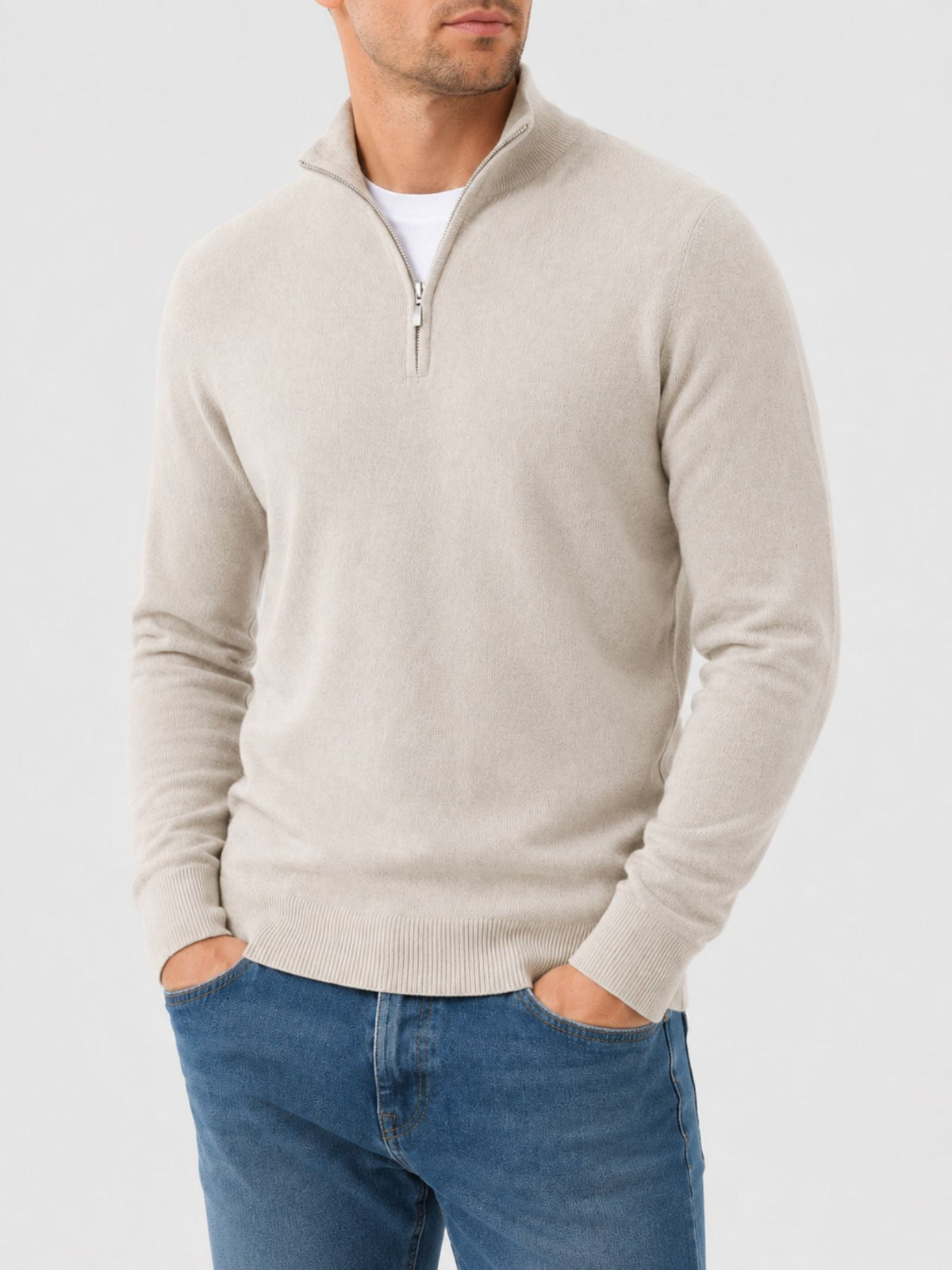 Maglione da uomo in lana merino con scollo a V e dettaglio zip
