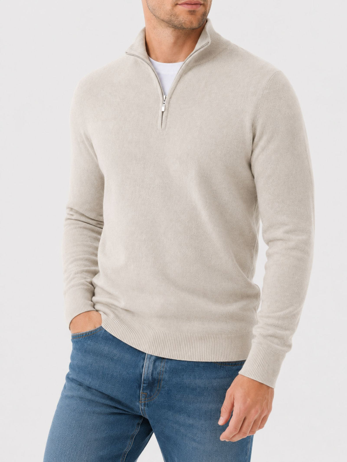 Maglione da uomo in lana merino con scollo a V e dettaglio zip