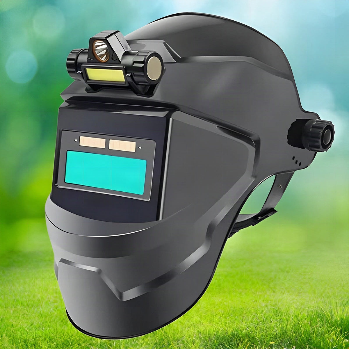 Maschera per saldatura con oscuramento automatico e lampada frontale