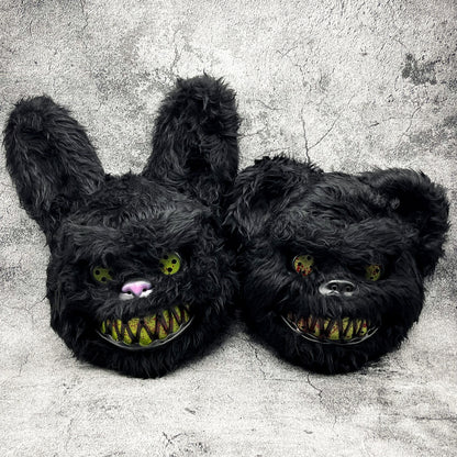 Maschera spaventosa da coniglio o orso per Halloween in pelliccia sintetica con denti insanguinati, 4 modelli e set da 2
