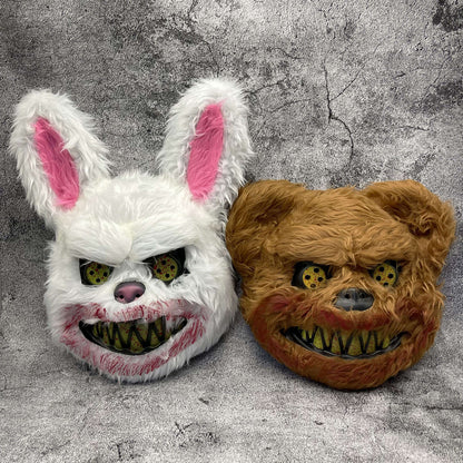 Maschera spaventosa da coniglio o orso per Halloween in pelliccia sintetica con denti insanguinati, 4 modelli e set da 2