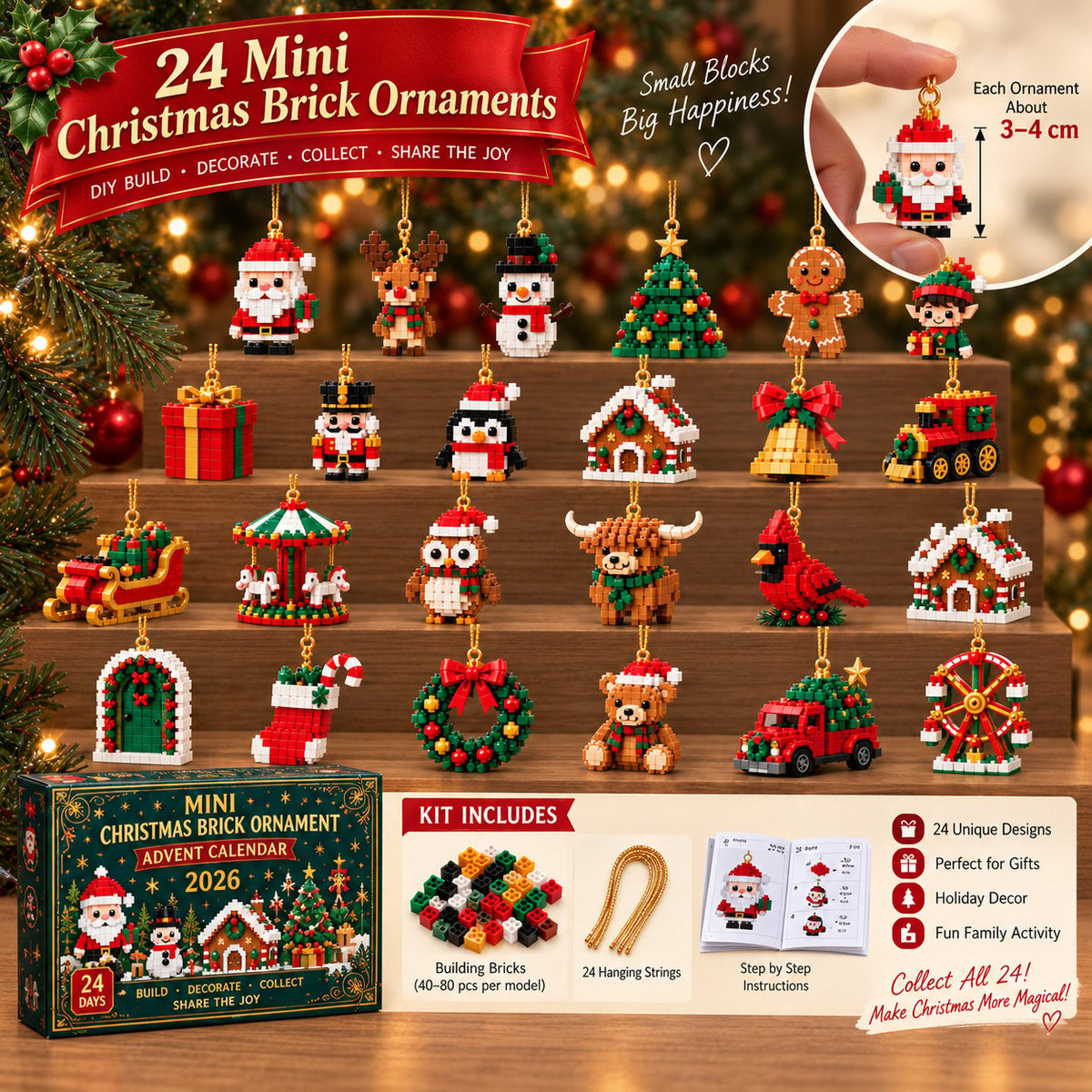 Mini calendario dell'Avvento con 24 set di costruzioni natalizie da costruire e appendere