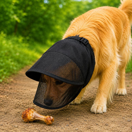 Museruola traspirante anti-ingestione per cani con cappuccio in rete per passeggiate
