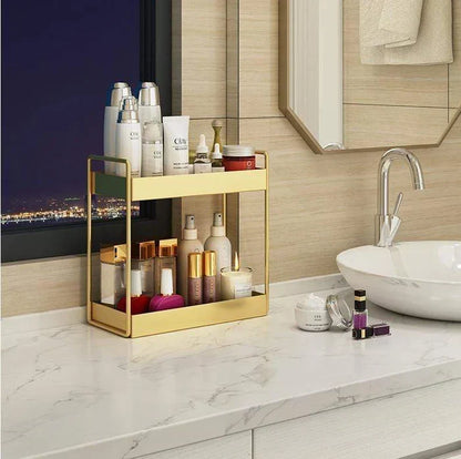 Organizer per cosmetici a doppio ripiano in metallo con finitura oro