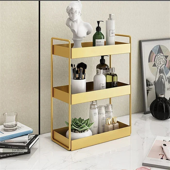 Organizer per cosmetici a doppio ripiano in metallo con finitura oro
