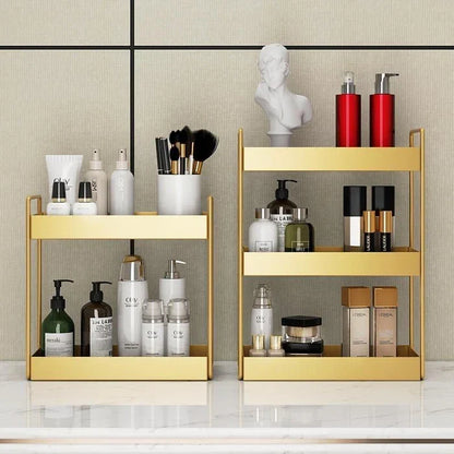 Organizer per cosmetici a doppio ripiano in metallo con finitura oro