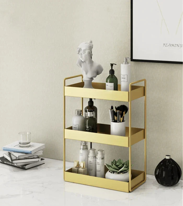 Organizer per cosmetici a doppio ripiano in metallo con finitura oro