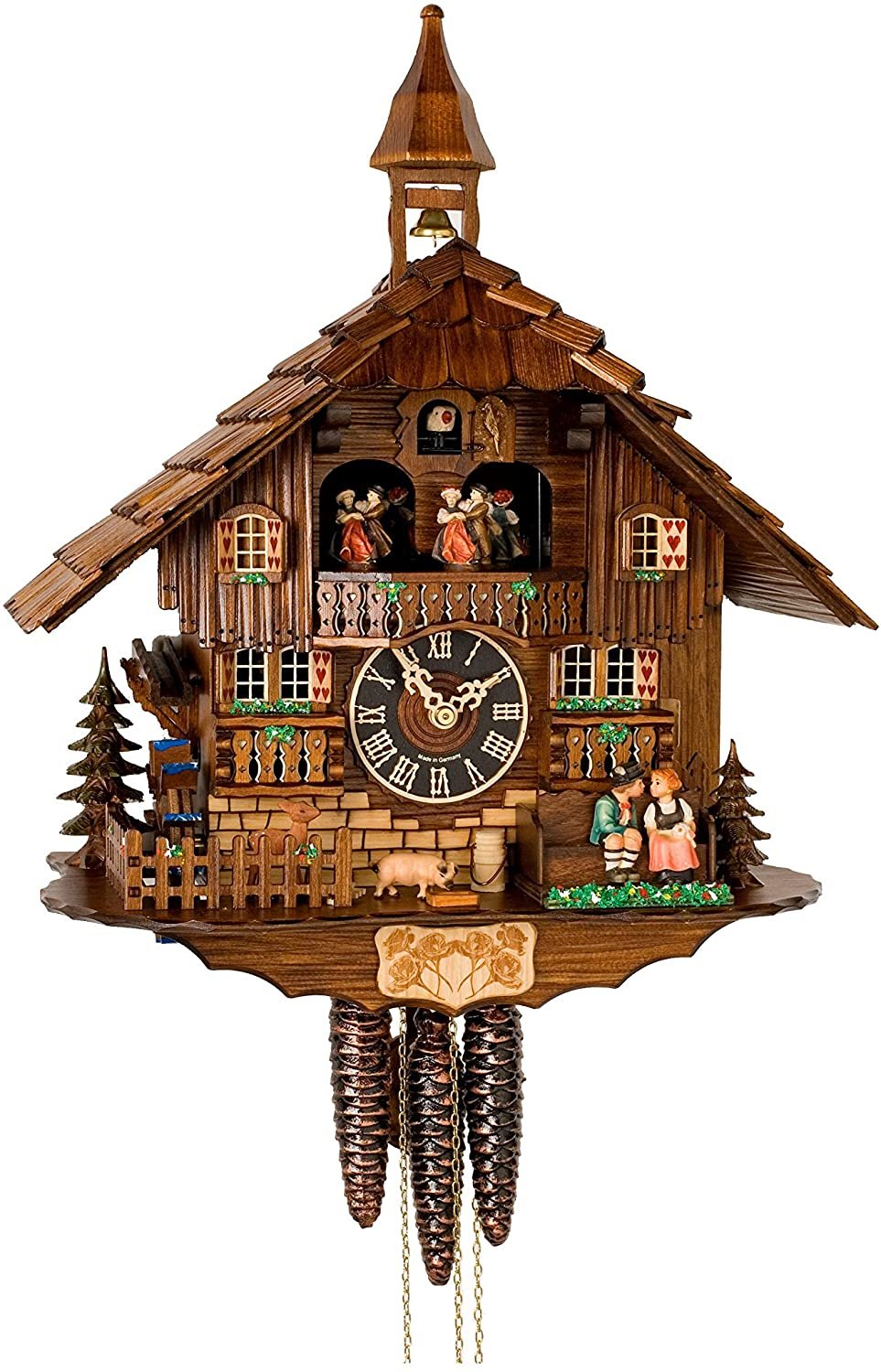 Orologio a cucù tradizionale in legno con design chalet, musica, pendolo e spegnimento notturno