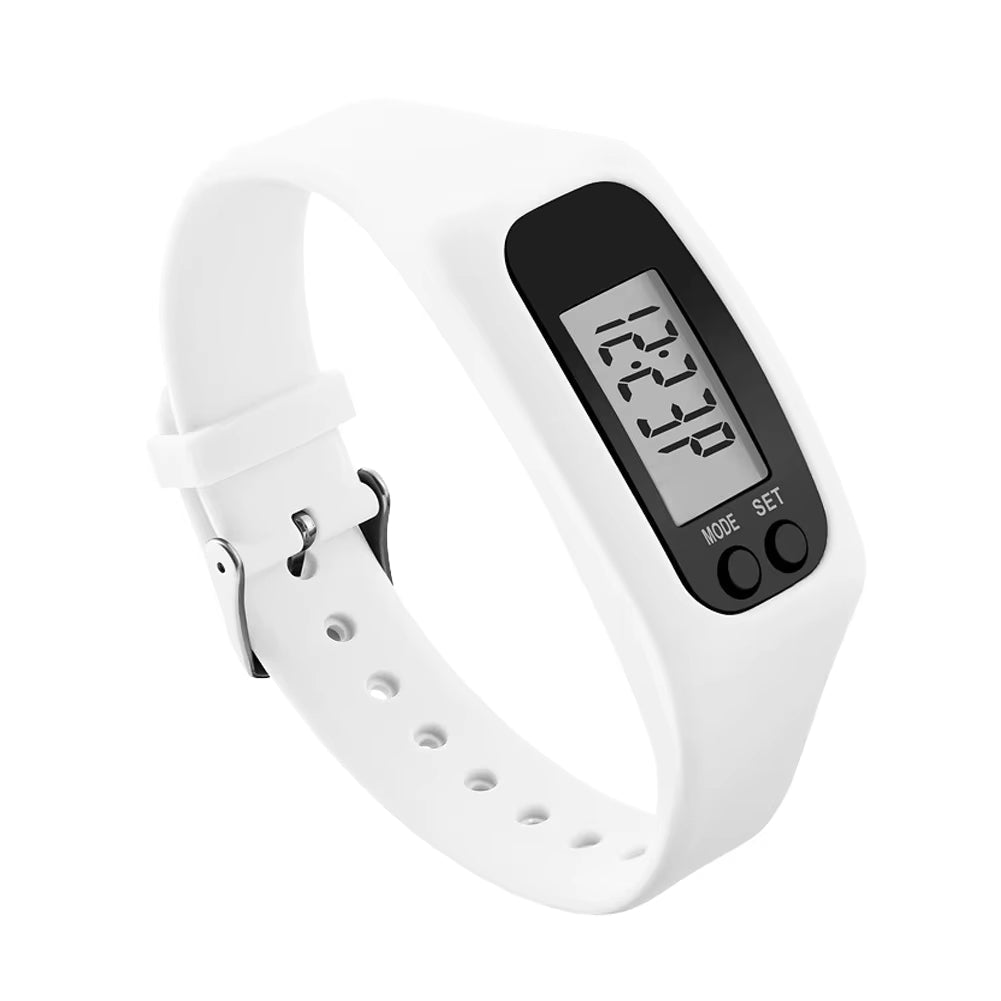 Orologio contapassi da polso con display digitale, ora e calorie, cinturino in silicone con fibbia, bianco o nero